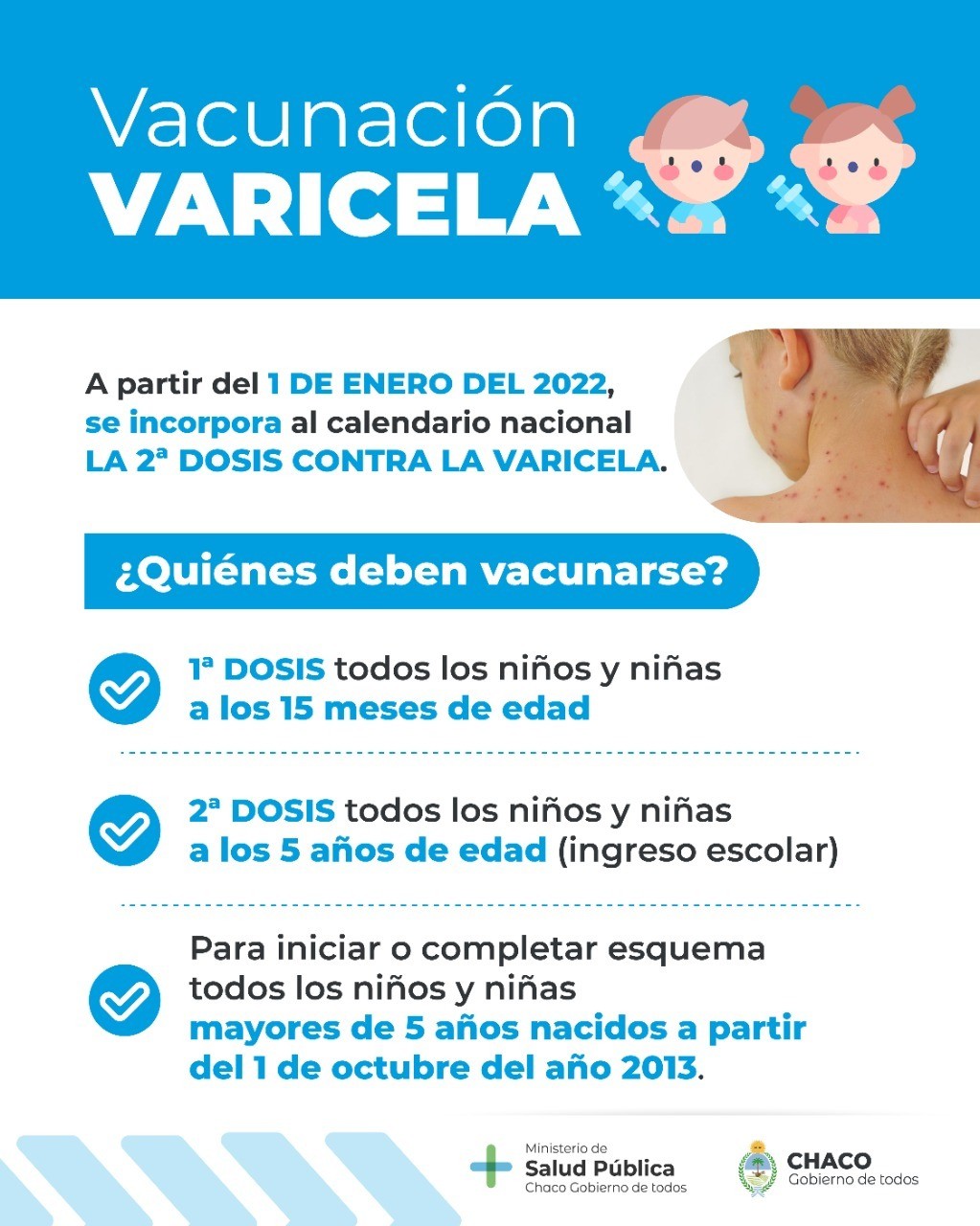 Chaco incorporó la segunda dosis contra varicela para niñas y niños de 5 años