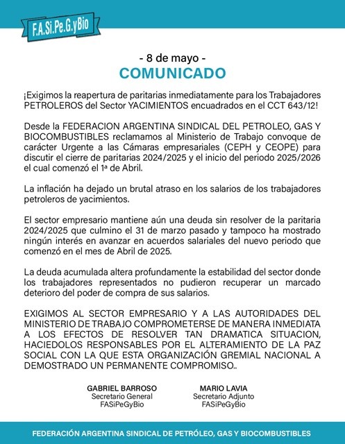 URGENTE: Petroleros exigen reapertura «inmediata» de paritarias del sector yacimientos