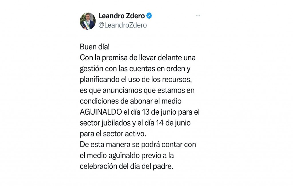El gobernador Zdero anunció el pago del aguinaldo