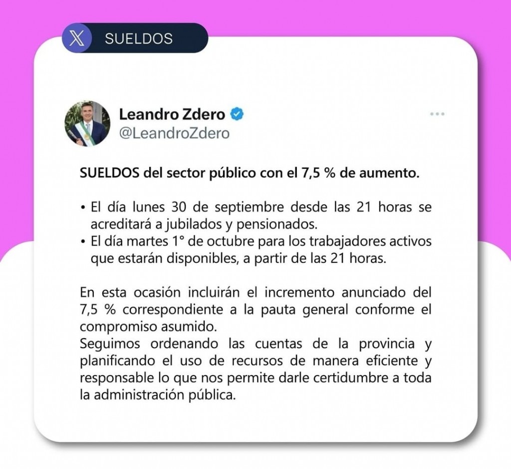 Zdero anunció el pago de sueldos con el incremento del 7,5% para la administración pública