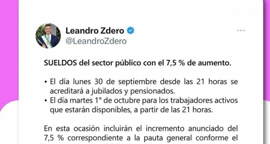 Zdero anunció el pago de sueldos con el incremento del 7,5% para la administración pública