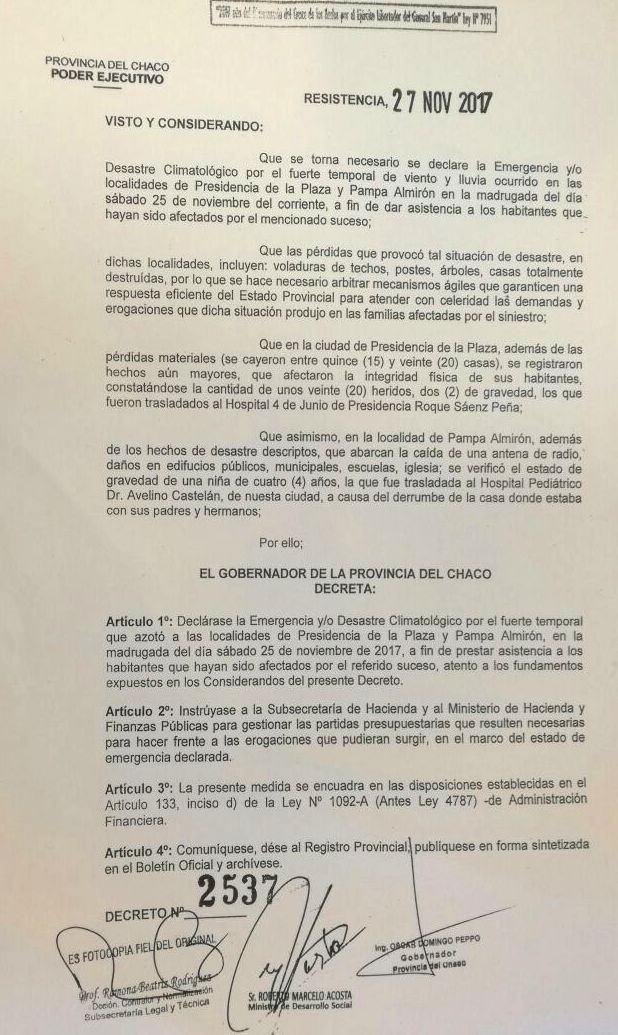 PEPPO DECLARÓ EMERGENCIA PARA PRESIDENCIA DE LA PLAZA Y PAMPA ALMIRÓN POR EL ÚLTIMO TEMPORAL