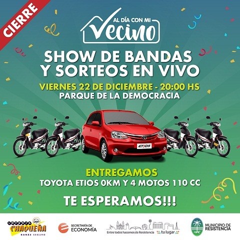 Al Día con mi Vecino: con el sorteo de 1 automóvil y 4 motos, el Municipio cierra 2017 premiando a los buenos contribuyentes